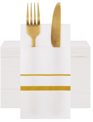 VANHEON Pre-Folded Napkins, Built-in Flatware Pocket and Absorbent | 50 Counts, Cloth Like Linen Feel, Air Laid Technology, Ultra-Soft, Gold Straight, for Party, Wedding 16 x 16