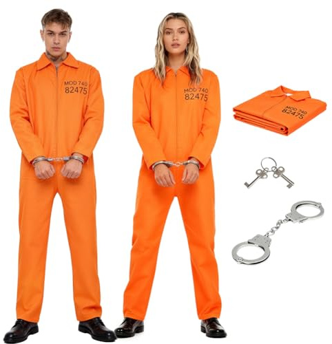 JJZENKD Sträfling Kostüm Herren, Gefangener Kostüm Orange, Gefängnis Prisoner Overall Kostü mit Handschellen, Prisoner Overall Costume für Erwachsene Cosplay Karneval (M-L)