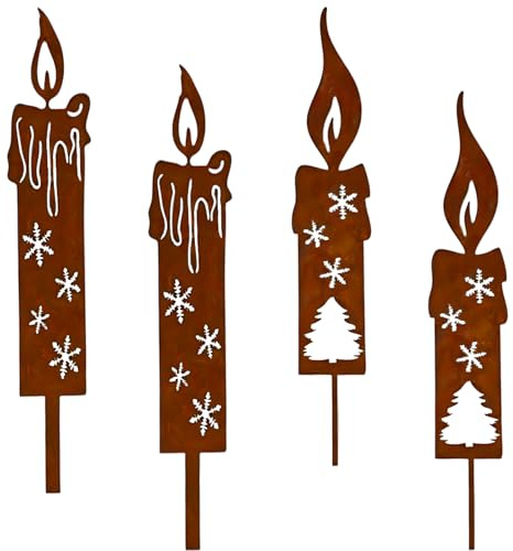 PIujsym 4er Set Rostige Deko Kerzen Gartenstecker Weihnachten, Gartendeko Rost Deko Baumstecker, Edelrost Weihnachtsdeko Outdoor für Beet, Balkon & Friedhof, Wetterfeste Deko Weihnachten Draußen