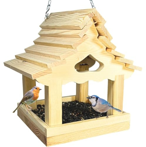 STAFECO Vogelfutterhaus Vogelhaus für Balkon wetterfest Futterhaus Handarbeit aus Natur Holz Vogelhaus zum Aufhängen im Garten Gartenvögel 100% mit stabilem Kettenhaken (Vogelfutterhaus zum Aufhängen)