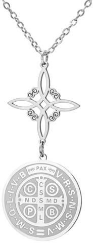 TEAMER Collana con ciondolo a forma di nodo di strega di San Benedetto, doppia protezione, collana di San Benedetto, croce di Gesù, amuleto cattolico religioso, adjustable, Acciaio inossidabile