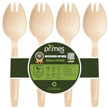 PRIMES ECO Disposable Birch Wood Spork 165mm – Single-Use Wooden Cutlery for Hot & Cold Foods, Parties, Catering, Events, Takeaway Meals, Picnic & Food Service Use (75, Sporks | 16.5cm)