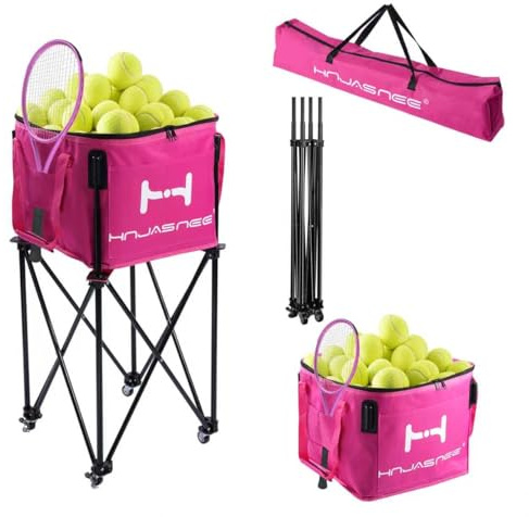 Hnjasnee Foldable Adjustable Tennis Ball Hopper, Large Capacity Basket Holds 120 Balls, Upgraded Pickleball Caddy with Multifunction Pockets and Wheels for Training (Tennis Ball Hopper 1)