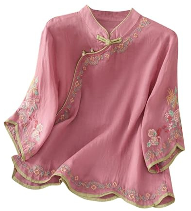 Hauts brodés en coton et lin pour femmes, t-shirts à manches 3/4, boutons grenouille chinoise, chemisiers d'été décontractés 2026, t-shirts rétro, Hauts en coton et lin rose vif pour femmes, M