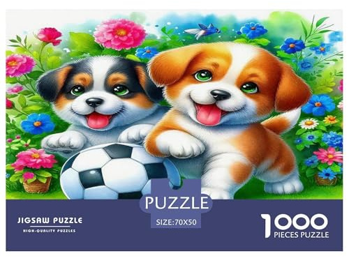 Puzzle 1000 pezzi per adulti e bambini – Due cuccioli, pallone da calcio, prato fiorito, gioco educativo, relax, gioco familiare divertente e stimolante 70x50cm