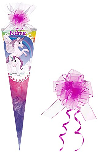 alles-meine.de GmbH Schultüte - Einhorn & Pferd Pegasus - Regenbogen - 85 cm - eckig - incl. Name und Schleife - Tüllabschluß - Zuckertüte - mit/ohne Kunststoff Spitze - Ne..