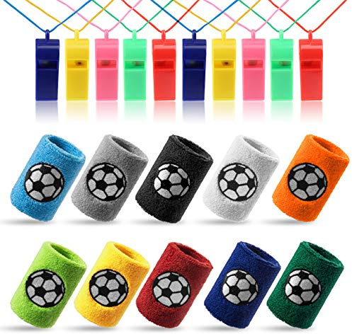 Kesote 10 Farbe Schweißband Fußball und 10 PCS Pfeife (Farbe Zufällig) | Handgelenksband Fussball Plastik Whistle für Sport Fußballgeburtstag Party