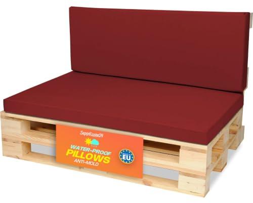 SuperKissen24. Palettenkissen Palettenauflagen Sitzkissen - 120x80 cm und Rückenlehne 120x40 cm - Outdoor und Indoor - Bordeaux
