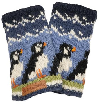 Pachamama Wool Hand Wrist Warmers Fleece Lined Handknitted Puffin Multicoloured One-Size Handmade Extra Warm Fair Trade