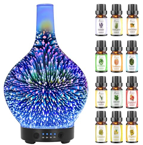 Essential Oil Diffuser 120ml Diffusers for Home 3D Glass Essential Oil Diffusers Cool Mist Aroma Diffuser, Whisper Quiet Humidifier, Waterless Auto Shut-Off for Home Office Yoga SPA