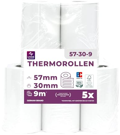 Ec-Cash Thermorollen 57mm x 9m x 12mm - Kassenrollen - Thermopapier - Bonrollen für Bankomat - Kredit-Kartenlesegeräte (57x30x12) - mit SEPA-Lastschrifttext (5 Rollen)