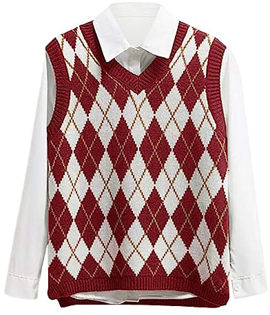 Lailezou Women's V Neck Knit Sweater Vest Argyle Plaid Preppy Style Sleeveless Crop Knitwear Tank, Red, XL