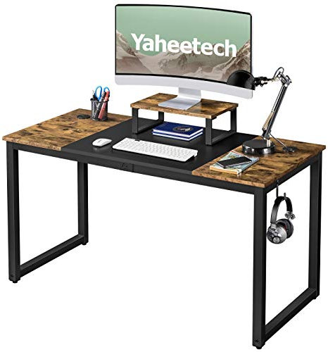 Yaheetech Scrivania per Computer Tavolo per PC Postazione di Lavoro Portaoggetti 140 x 60 x 89 cm Mobile da Ufficio a 2 Ripiani in Legno e Metallo Tavolo per Studio Vintage e Industriale