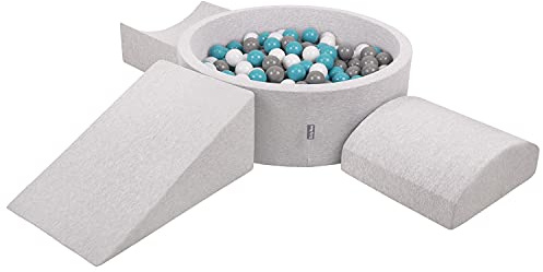 KiddyMoon Spielplatz Aus Schaumstoff Mit Rund Bällebad (200 Bälle) Ballgruben Für Babys Spielbad Hindernisläufen, Hergestellt In Der EU, Hellgrau:Grau/Weiß/Türkis