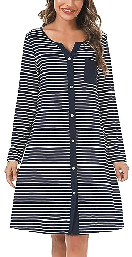 Marvmys Camicia Notte Donna Cotone Corta Cardigan con Scollo V Bottoni Donna Adatto Leggero e Confortevole per Il Parto Ospedaliero Quotidiano per L'Allattamento Seno Blu Marino-Manica Lunga M