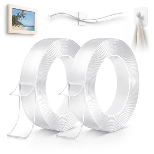 ODLY Nano Ruban adhésif double face robuste 5 m - 2 mm - Imperméable et amovible - Réutilisable - Adhésif transparent pour photos, vêtements, tapis et plus encore - Adhésif puissant pour suspension