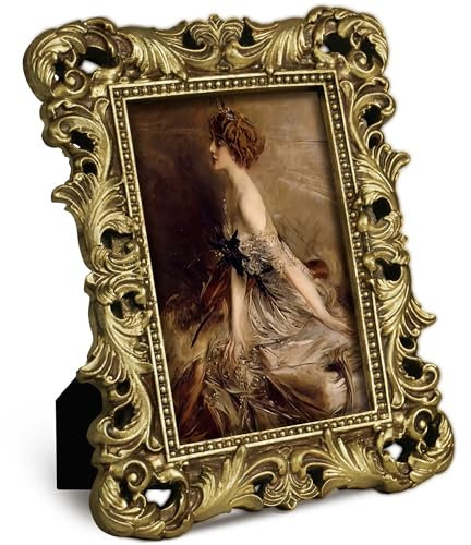 FJXMFRAME Bilderrahmen, 10,2 x 15,2 cm, goldfarben, antiker kunstvoller Vintage-Stil, mit Glasfront, Barock-viktorianischer Rahmen für Tischplatte oder Wanddekoration