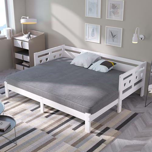 Aunvla Daybett Tagesbett,Ausziehbar Bett,90 * 200cm,Kiefer massiv, mit 2. Schlafgelegenheit und Rollrost Herzform Bett Weiß