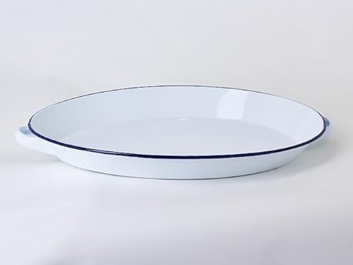Bandeja Fuente Ovalada Con Asas 42 cm Acero Esmaltado Ribete Azul Apta Horno Lavavajillas