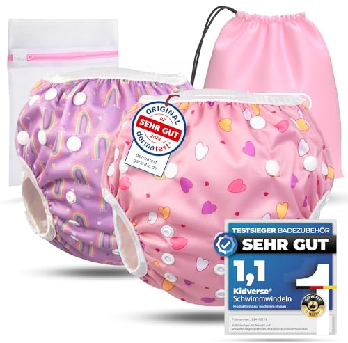 KIDVERSE set da 2 pannolini acquatici baby 0-3 anni - pannolino piscina neonato riutilizzabile e delicato sulla pelle - pannolini da nuoto con borsa e rete per lavaggio