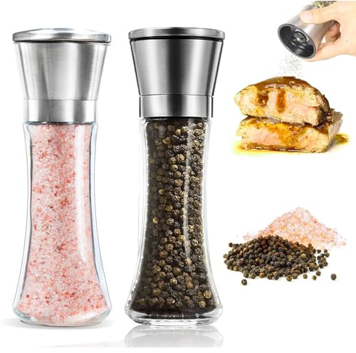 Salt and Pepper Grinder Set - 2Pack Stainless Steel Salt Manual Pepper Mills with Adjustable Coarseness for Spices and Seeds Fits in Home, Kitchen, Outdoor (No Salt and Peppercorns) - Tall