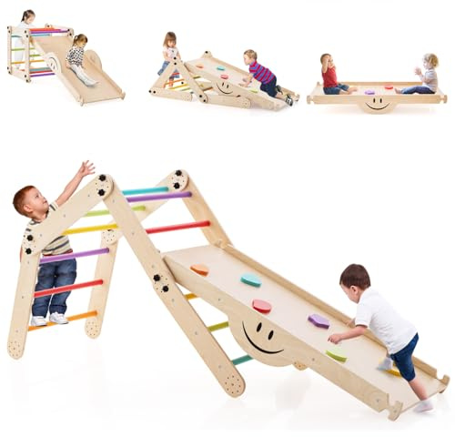 Maxmass 10-in-1 Kids Climbing Frame, Foldable Montessori Climbing Toy Set with 3 in 1 Reversible Ramp, Convertible Climber Ladder, Wooden Toddler Climber Jungle Play Gym for Indoor Outdoor (Colorful)