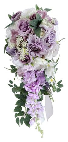 Wedding Bouquet for Bridal, Teardrop Bridal Bouquet Cascading Artificial Rose Bouquet for Bride Holding Wedding Centerpiece Decor White and Purple, 9.1x21.6 Inch