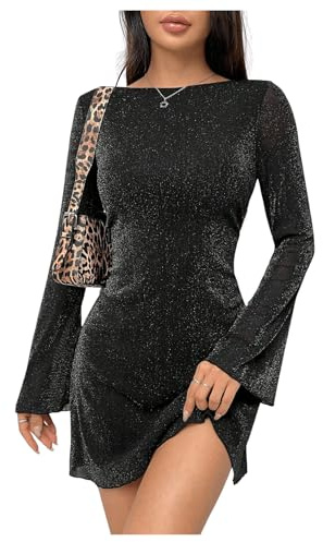 SweatyRocks Damen Langarm Kleid Rückenfreies Minikleid Mesh Partykleid Ausgehkleid Langarmkleid mit Glockenärmeln Schwarz M