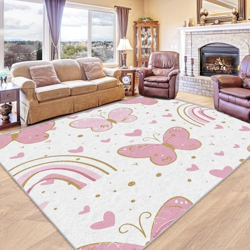 SUWALI Rosa Schmetterling Für Kinder Teppich Wohnzimmer Schlafzimmer, Regenbögen Bettvorleger Zimmer Deko, Waschbar, Weich, Kurzflor, rutschfest, Großer Teppiche 160x200 cm