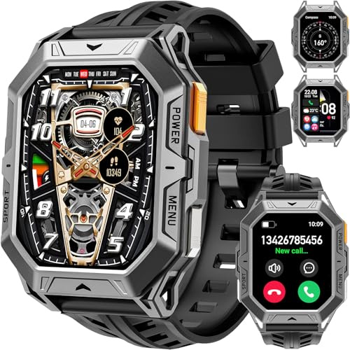 Smartwatch Herren Militär Uhr 100 Tage Akkulaufzeit Sportuhren Herren mit Kompass Höhenmesser Barometer IP68 Wasserdicht Fitnessuhr Pulsmesser Blutdruck 2,13 AMOLED Display Smart Watch Android iOS