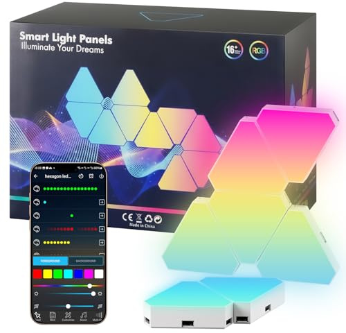 10pcs Led Gaming Panels, LED Smart Wandleuchte Wifi RGB con IC Musik Sync Wandbeleuchtung Triángulos, App Steuerung funktioniert mit Alexa Google Zimmer und Gaming Deko