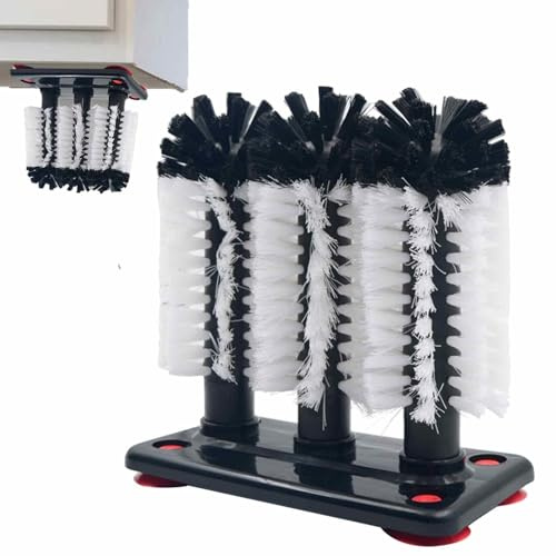 Glass Washer – Triple Head Bristle Brush Cleaner with Suction Cup | Water Bottle Cleaning Tool | Cup Scrubber Stand | Sink-Mounted Glass Cleaning Accessory for Kitchen Bar Restaurant Counter Use
