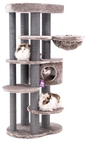 Petrebels Design Kratzbaum für große Katzen, Isabella 170 cm, Cappuccino | extrem stabil, Ø 9 und Ø 12 cm dicke Stämme, XXL Katzenbaum ideal für Maine Coon, mit Hängematte, Schlafhöhle & Loungesofa