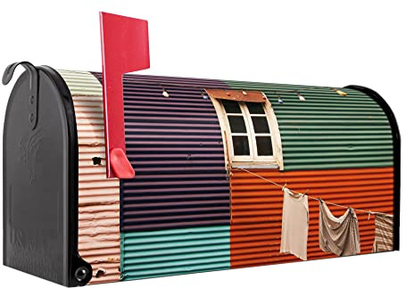banjado Amerikanischer Briefkasten - US Mailbox/Letterbox mit Motiv Motiv Buntes Haus 51x22x17cm - Postkasten Stahl aus Amerika – Briefkasten amerikanisch schwarz pulverbeschichtet