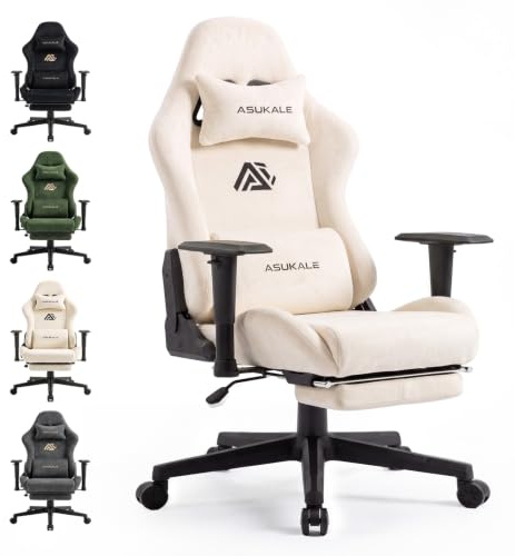 Asukale Gaming Stuhl | Wildlederimitat Bürostuhl Ergonomisch mit Fußstütze | 90°-175° Rückenlehne, Kopfstütze und Lendenwirbelstütze, 3D Armlehnen, Hohe Rückenlehne, 200kg Belastbarkeit, Beige