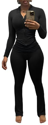 Nimsruc Two Piece Outfits For Women Workout Set Long Sleeve Tracksuit Zip Up Sweatsuits Bodcyon Matching Sweat Pants Sets Black XXL