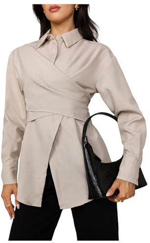SHENHE Women's Long Sleeve Wrap Blouse Button Up Business Casual Shirt Dressy Going Out Top Apricot Large