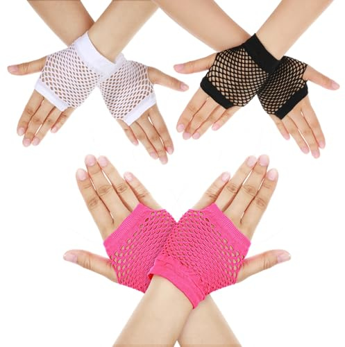 XLIUAX 3 Pairs Fingerless Fishnet Gloves, Breathable Lace Mesh Gloves 80s Scene Cosplay Costume Accessories for Women Halloween Theme Party New Year Valentine's Day Birthday Gift