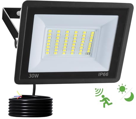 JBdusn Projecteur LED 30W avec détecteur de mouvement, spot extérieur 6500K avec Capteur Radar et Crépusculaire, applique murale extérieure étanche IP66, pour garage, sous-sol, escaliers