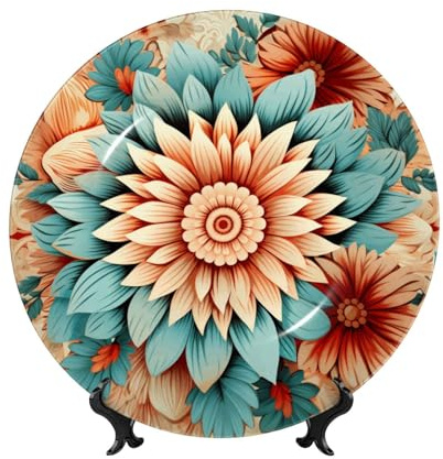 PHAYAH Dahlia Pattern Bone China Decorative Plate 8in Decorative Plates with Display Stand Round Dinner Plates for Home Office Decor