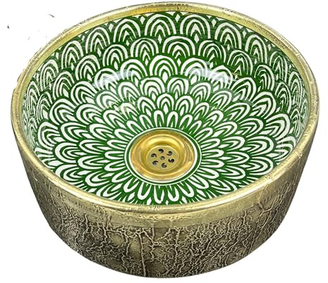 Brassatelier Handmade Moroccan Ceramic Vessel Sink – Green & White Floral Basin with Antique Brass Exterior – Round Bathroom Countertop Washbasin with Brass Drain (Purple, 14in = 35cm)