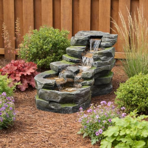 Sunlinua 5-stufiger Gartenbrunnen in Steinoptik aus Resin mit LED-Beleuchtung – 78L cm kaskadierender Wasserfall, Gartendekoration für Terrasse, Hinterhof, Balkon und Wohnraumdekoration, Grau