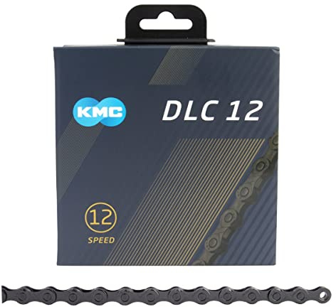 KMC 12-Gang-Kette der DLC12-Serie | für Straße/Berg/Kies | Shimano, SRAM und Campagnolo kompatibel | 126 Glieder, fehlendes Glied enthalten | Schwarz