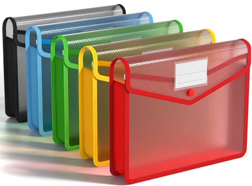 Umriox Plastic File Folders, 5 Pack A4 Poly Envelope Expanding File Wallet Document Folder with Snap Button Closure & Label Pocket (5 Colors)