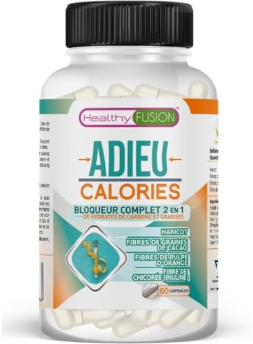 Healthy Fusion, Adieu Calories | Bloqueur de Graisses et de Glucides | Brûleur de Graisses et Amincissant | Réducteur d’Appétit | Riche en Fibres | 60 Gélules