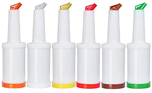 BarBits Keep & Pour Bottles 1Litre Pack of 6 - Save and Serve Pourer Store, Free Pour Your Cocktail Juice Drinks, Storage Container, Colour Coded