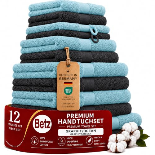 Betz Premium Handtuch-Set 12-teilig – 100% Baumwolle – Oeko-TEX® Zertifiziert – hohe Grammatur – Duschtücher, Handtücher, Gästetücher & Waschhandschuhe Farbe Graphit/Ocean