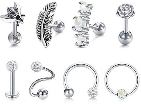 Mayhoop Piercing Helix Tragus Cartilage d'oreilles Femmes Argent 16G en Acier Inoxydable avec Plume d'abeille Fleur 8 Pièces