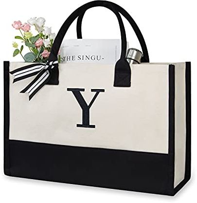 TOPDesign Embroidery Initial Canvas Tote Bag, Personalized Present Bag, Suitable for Wedding, Birthday, Beach, Holiday, is a Great Gift for Women, Mom, Teachers, Friends, Bridesmaids (Letter Y)