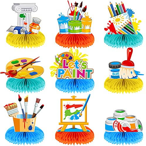 Gersoniel 9 Pieces Paint Party Decorations Art Honeycomb Centerpiece Paint Splatter Party Supplies for Art Theme Birthday Baby Shower Decorations
